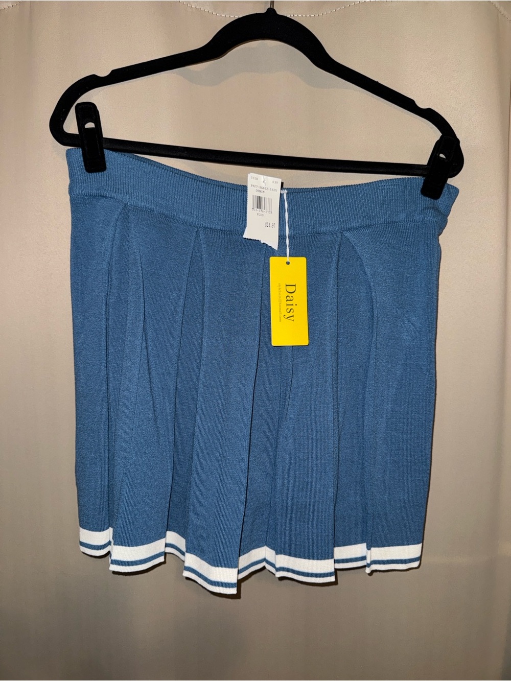 Daisy Blue Knit Pleated Skater Skirt with White Hem Stripes